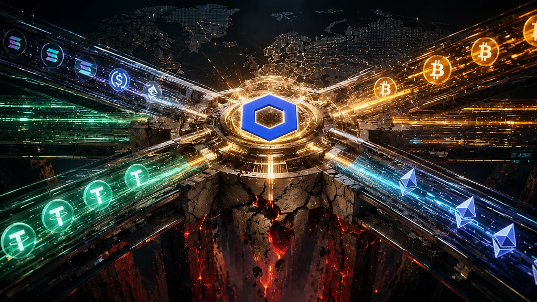 A Chainlink emblem connects digital-asset networks above a fractured foundation, illustrating upside potential and structural risk.