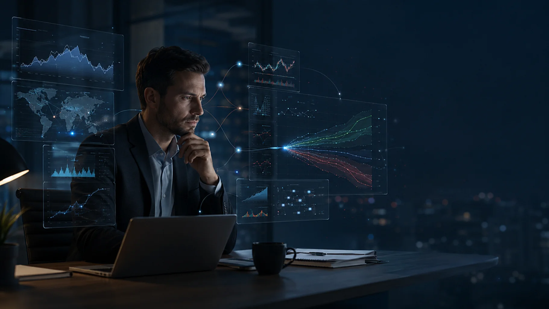 An analyst reviews financial charts at a workstation, illustrating how AI research tools can support professional analysis.