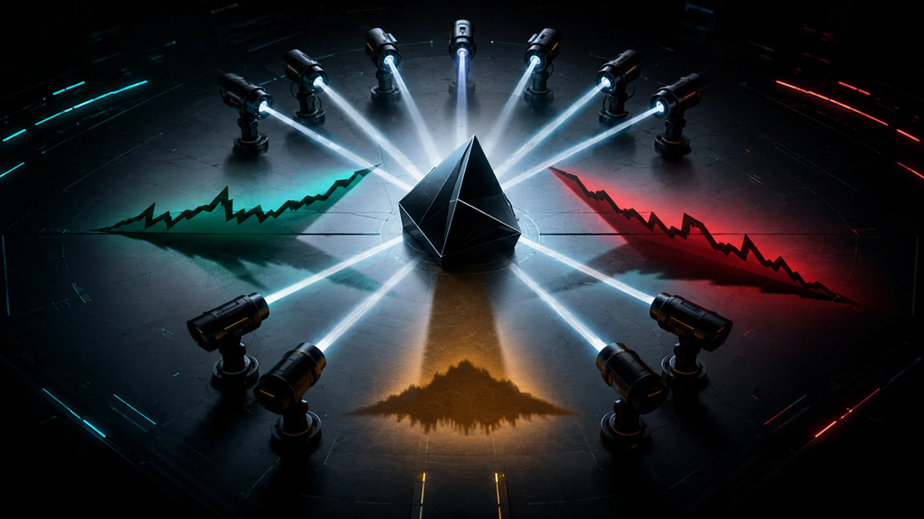 Different spotlights illuminate a central geometric asset beside rising and falling market paths, illustrating disagreement between AI research perspectives.
