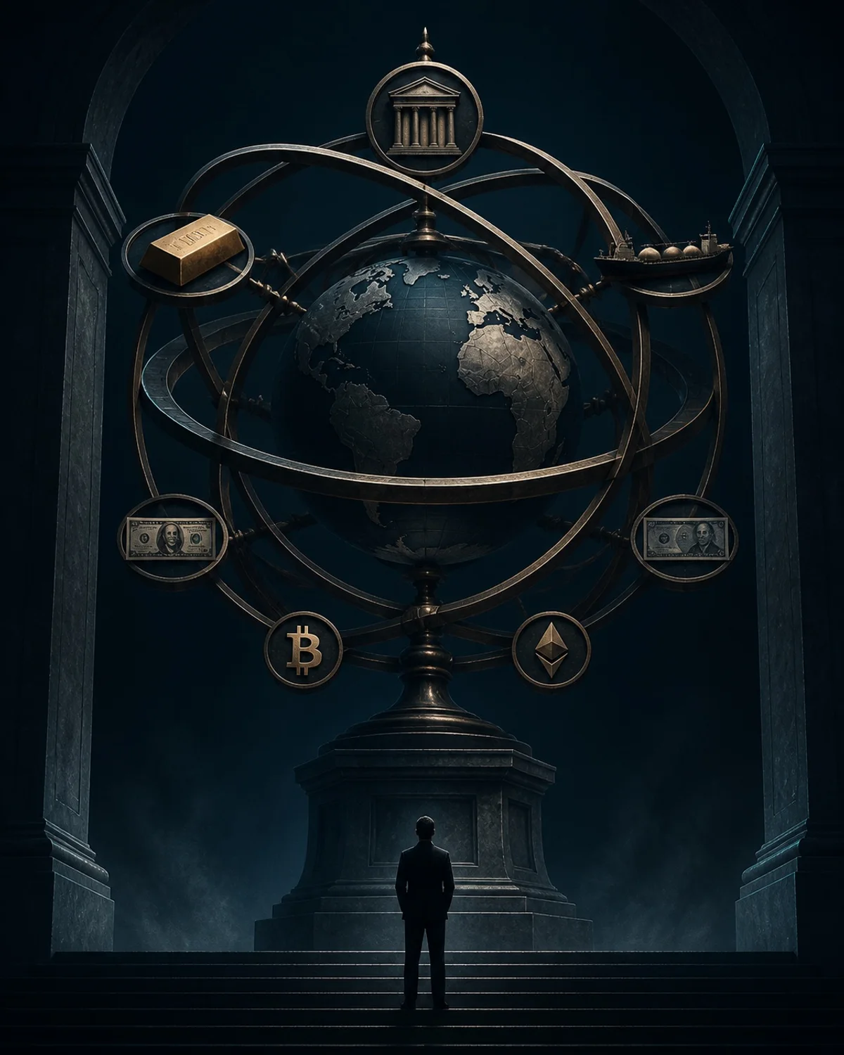 A monumental armillary brings stocks, currencies, commodities, digital assets, and indexes into one durable portfolio view.