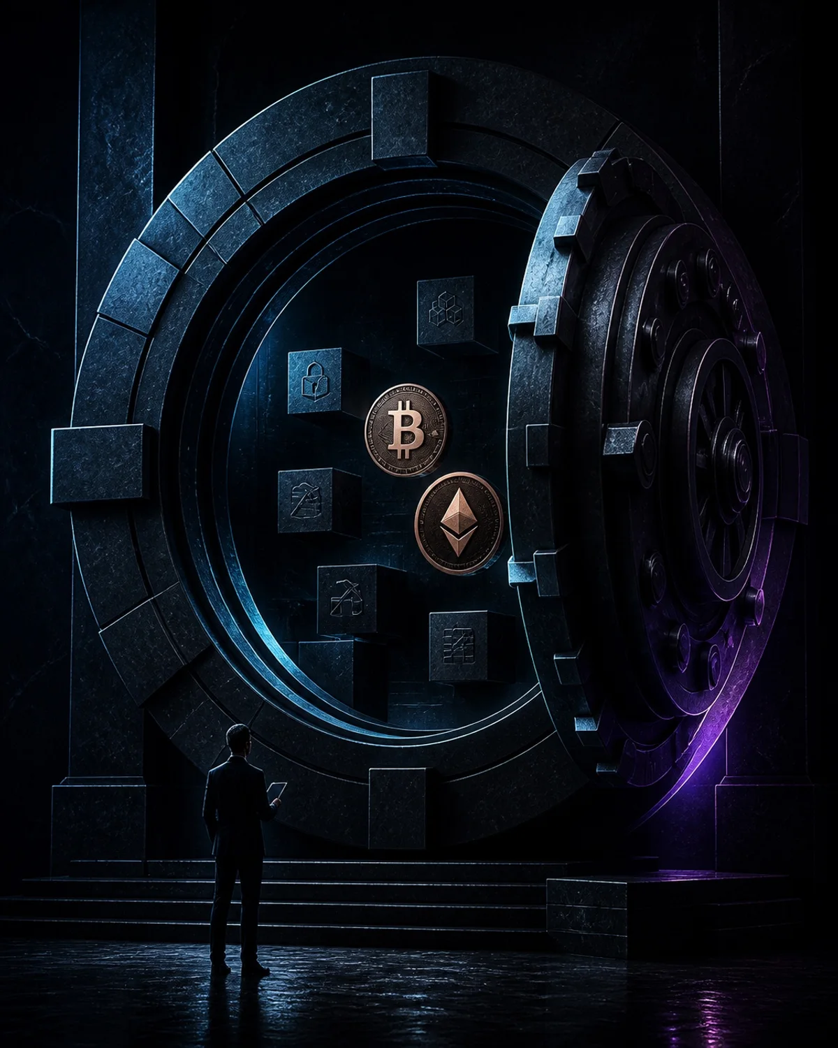 A secure digital-asset vault holds Bitcoin and Ether while blockchain settlement rails glow through the chamber.
