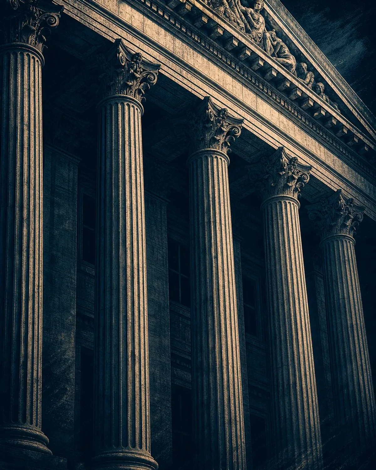 A monumental classical temple represents durable companies, disciplined capital allocation, and recurring shareholder income.