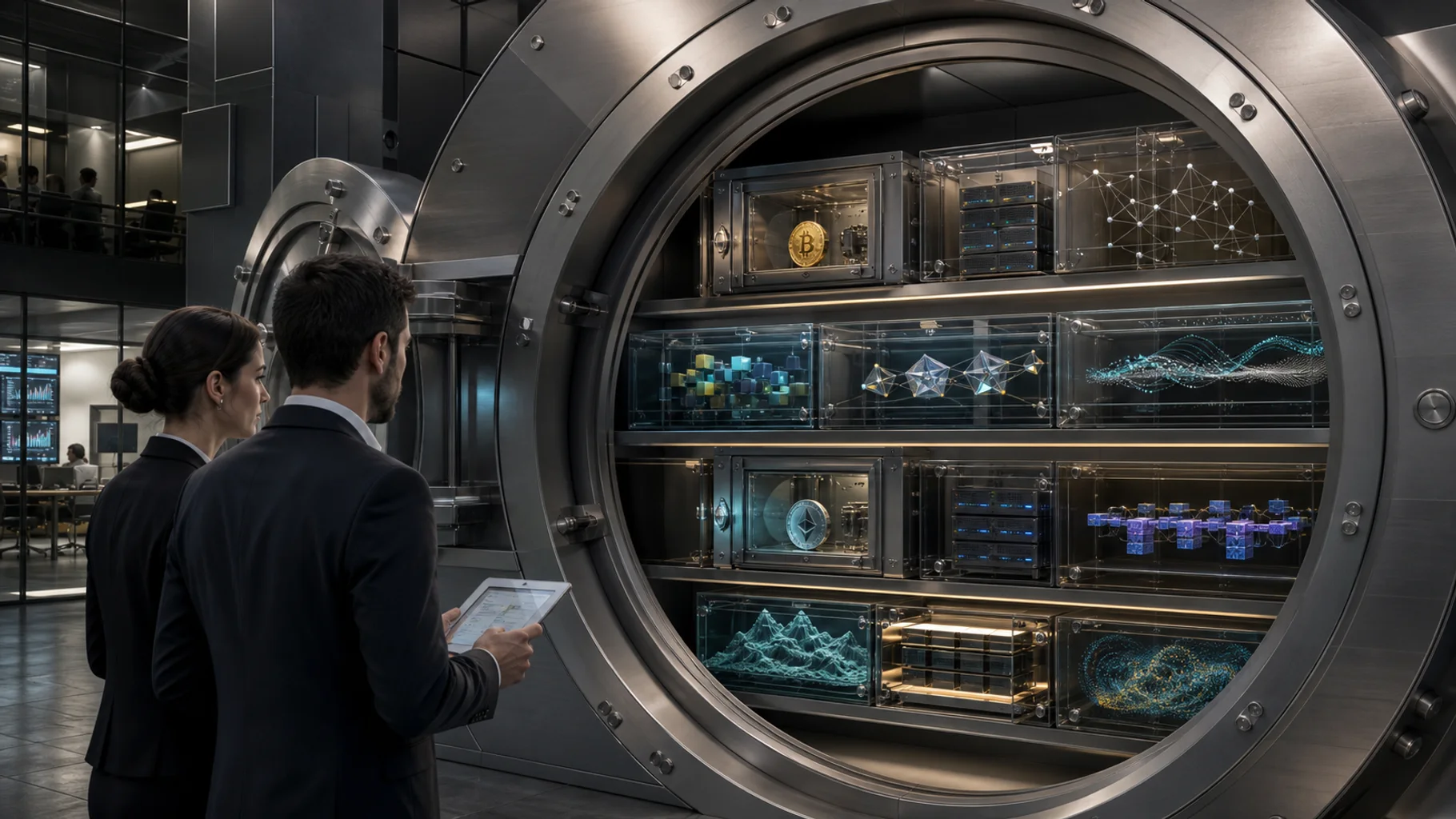 A professional portfolio team evaluates secure digital-asset custody, decentralized networks, portfolio risk, and long-term storage of wealth inside a digital vault.