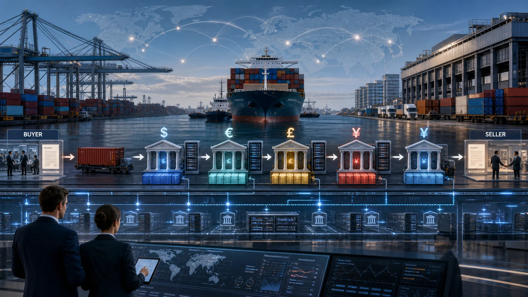International trade routes, ports, goods, and banking systems connect through the foreign-exchange settlements that move value between currency zones.