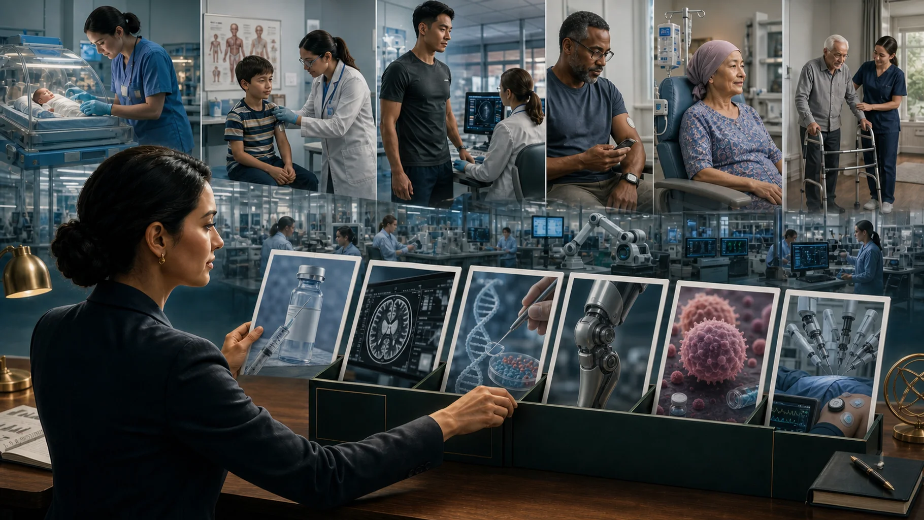 An investment analyst compares vaccines, diagnostics, genomics, medical devices, oncology therapies, and AI-assisted care against patient needs across the human lifespan.