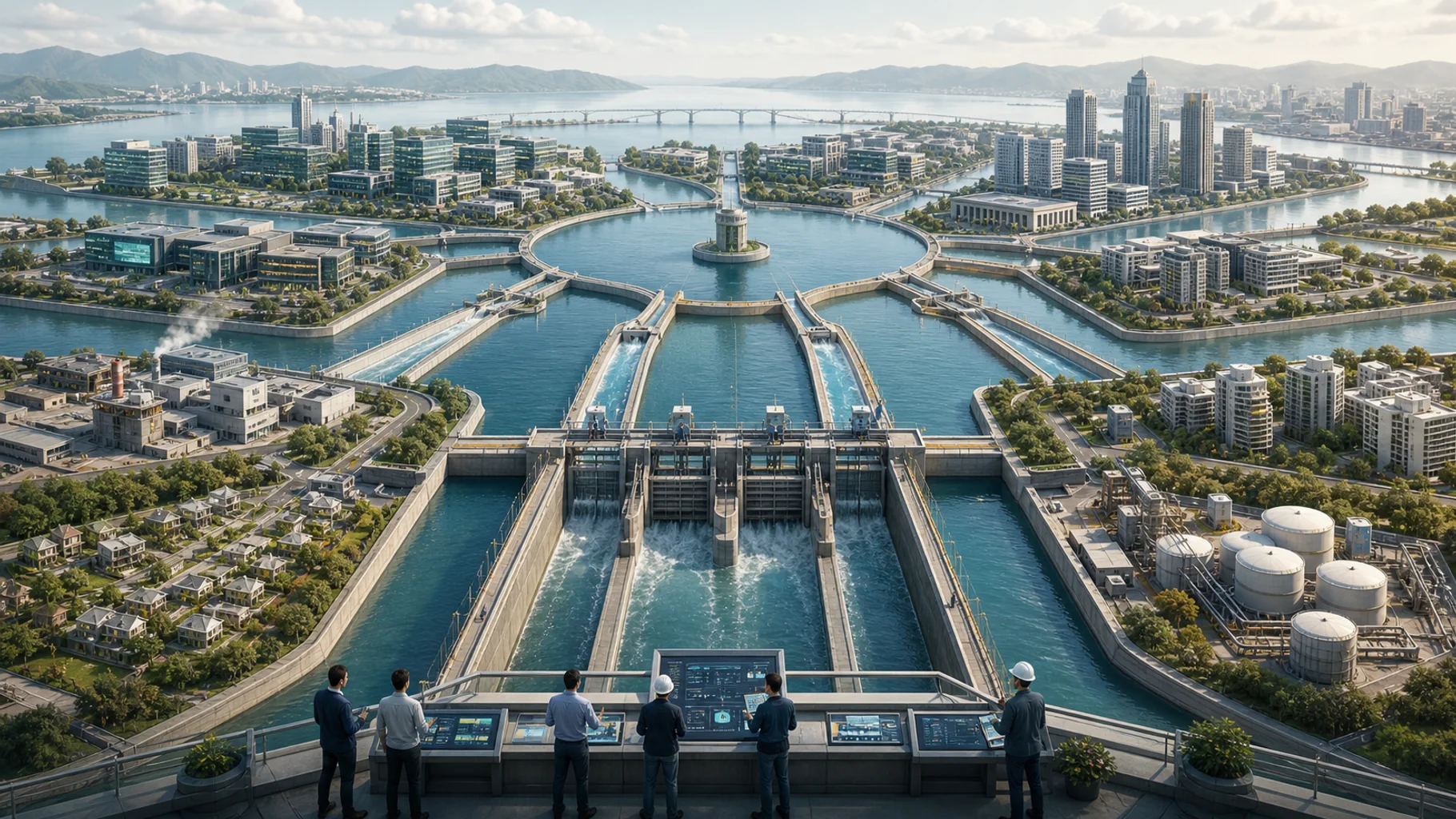 Capital flows through an engineered canal network into index constituents while portfolio managers monitor weighting gates, liquidity, concentration, and passive-market pressure.