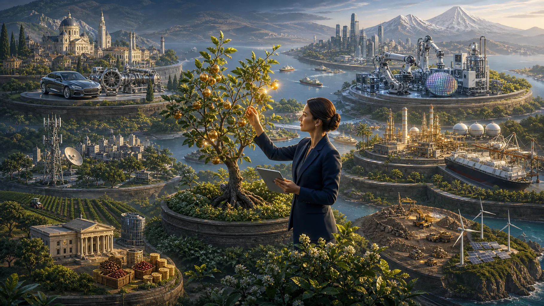 A portfolio analyst selects mature businesses from regional terraces representing European industry, Asian technology, Middle Eastern infrastructure, African communications, Latin American agriculture, and Oceanian resources.