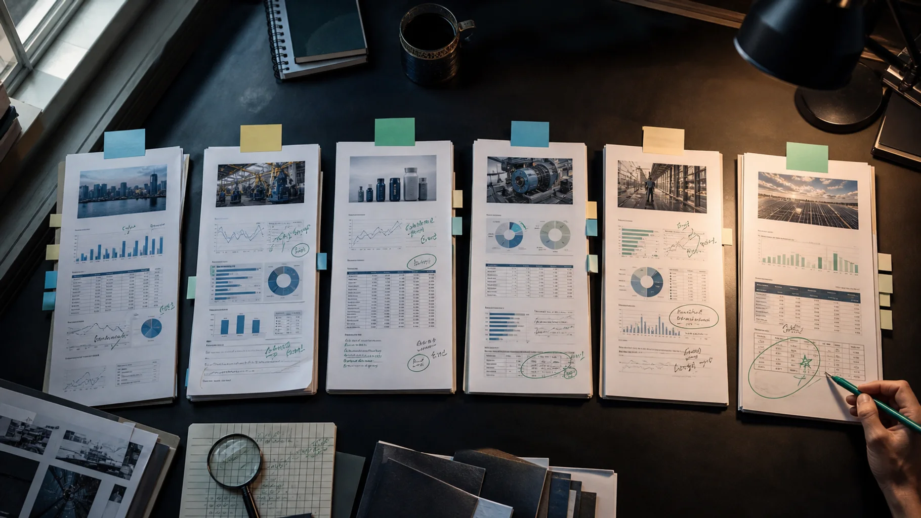 Six company research files from different industries arranged for final editorial selection.