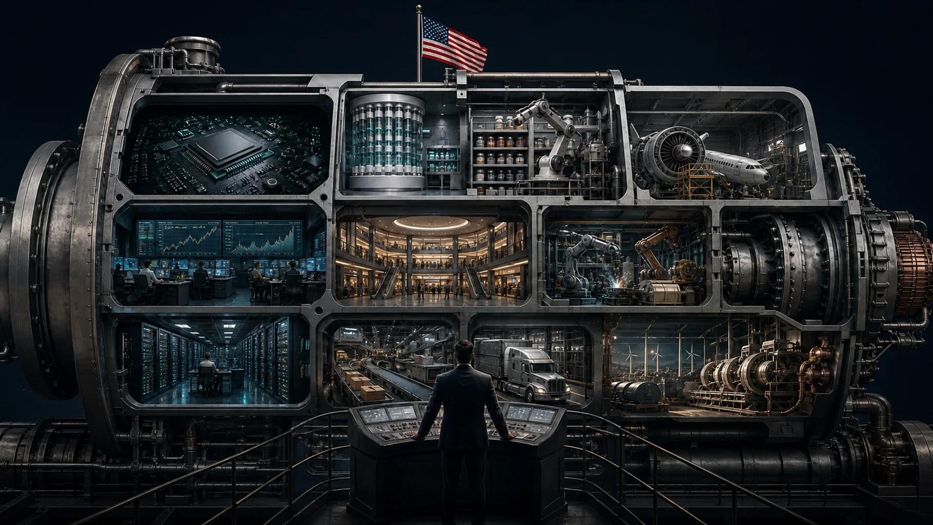 An analyst operates a cutaway American business engine containing semiconductor, healthcare, aerospace, finance, manufacturing, data, logistics, consumer, and energy chambers.
